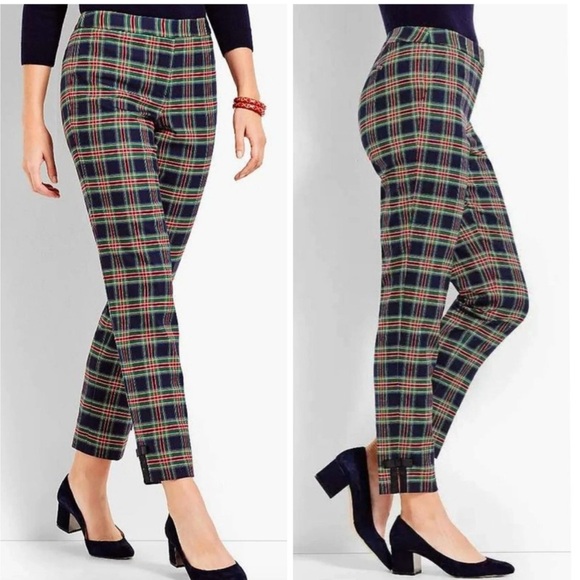Talbots Talbots Tartan Plaid Navy Blue Green & Red Holiday Ankle Pants with Bows - Picture 1 of 5